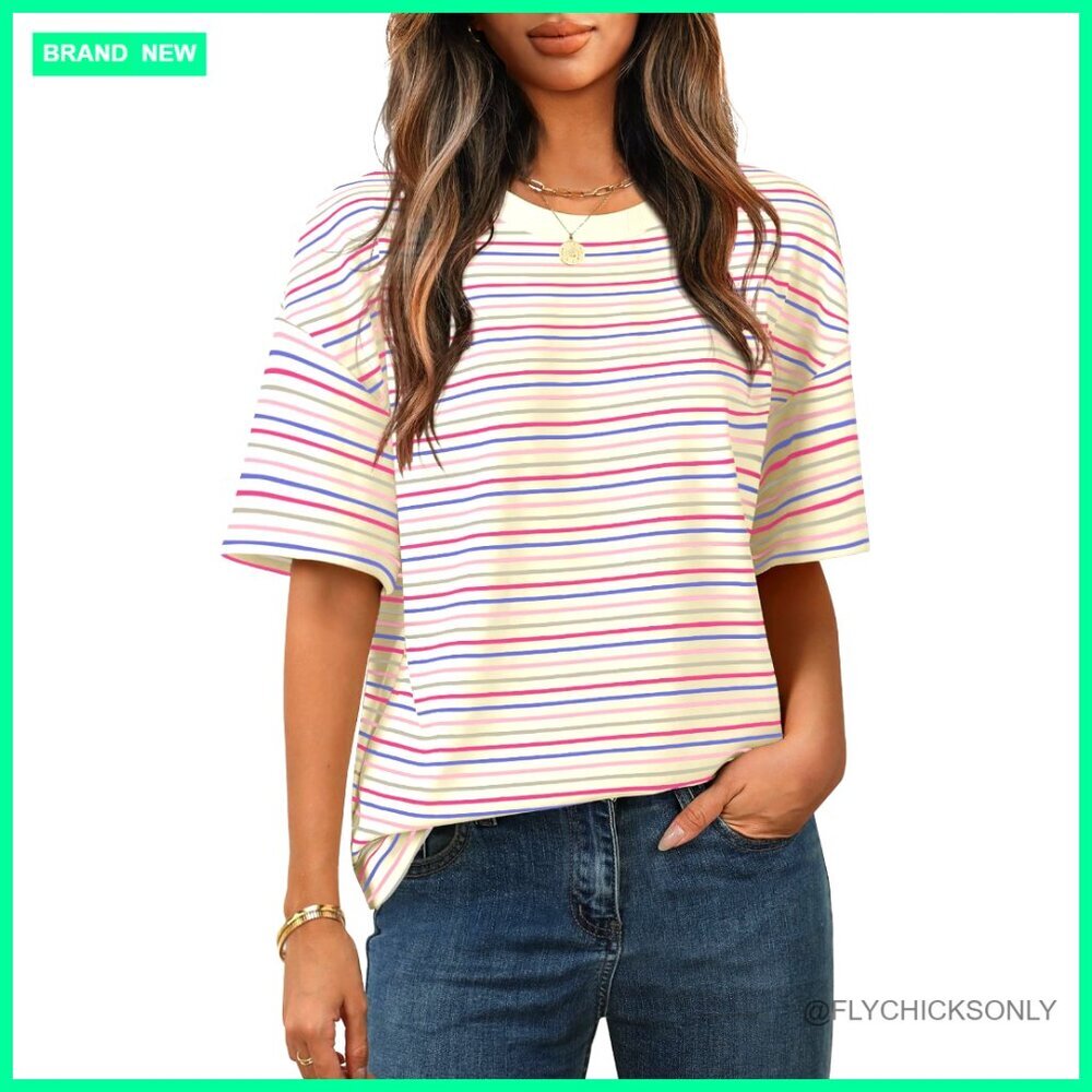 Striped Short Sleeve Crewneck T-Shirt Loose Fit Summer Top